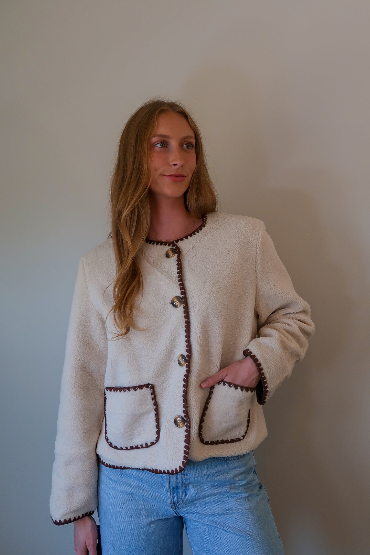 Contrast Stitched Sherpa Cardigan