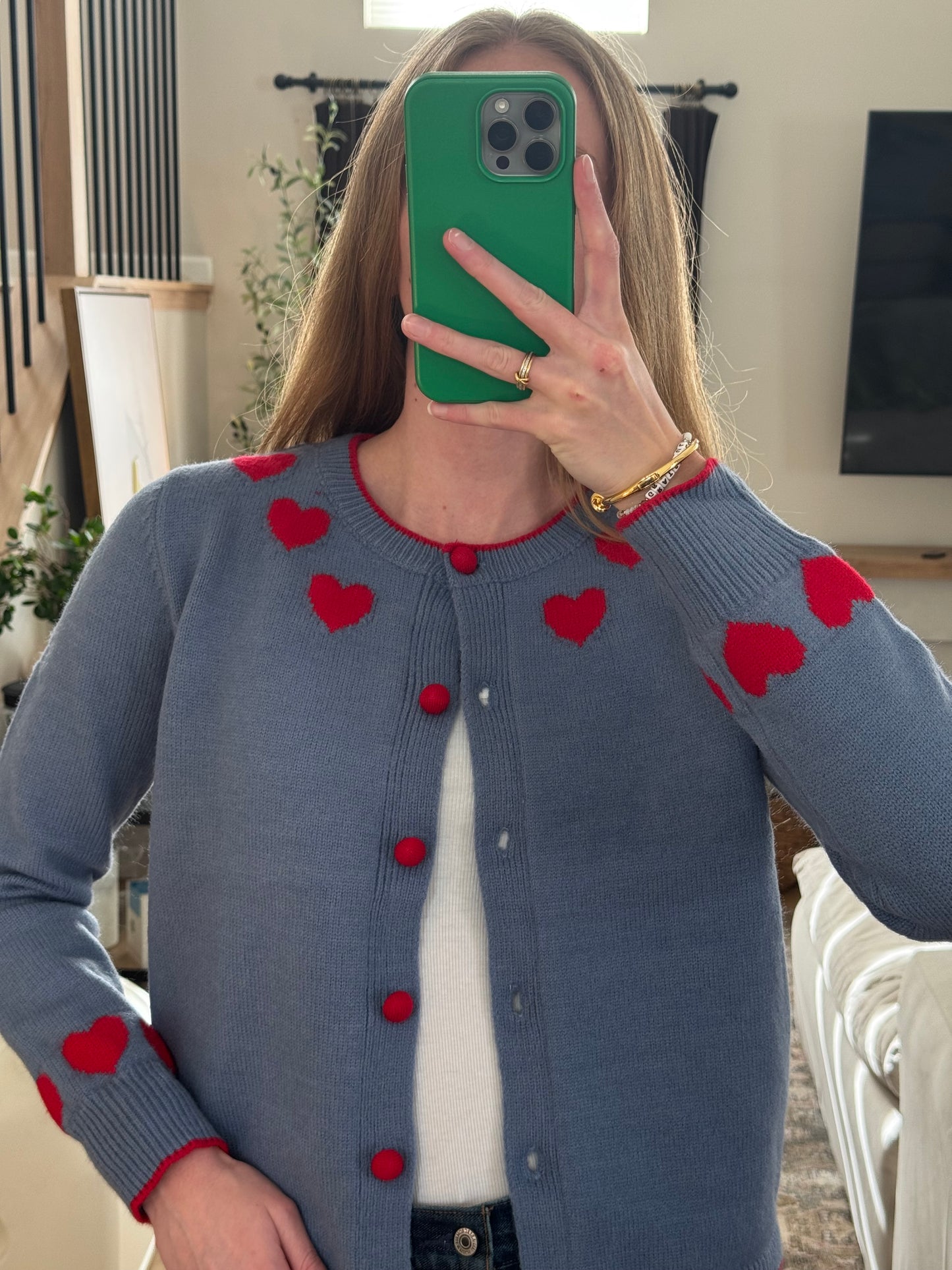 Contrast Heart Button Up Sweater
