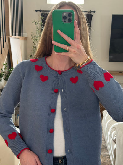 Contrast Heart Button Up Sweater